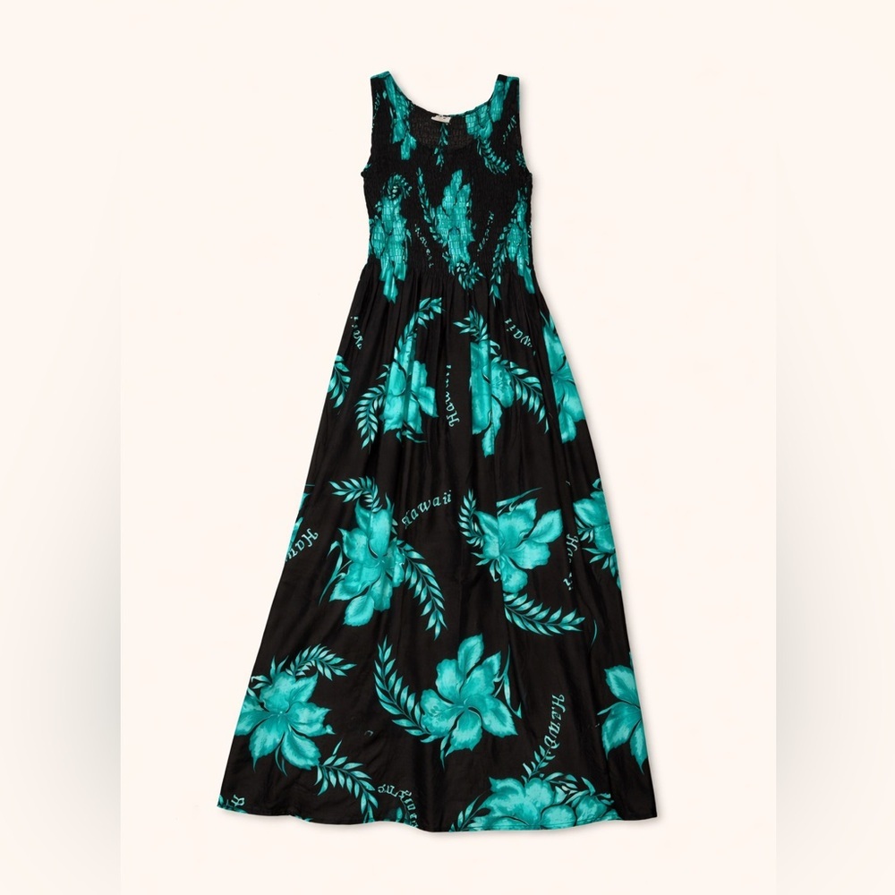 Unity Trading Hawaii Smocked Maxi Dress Black Teal Tropic Floral One Size